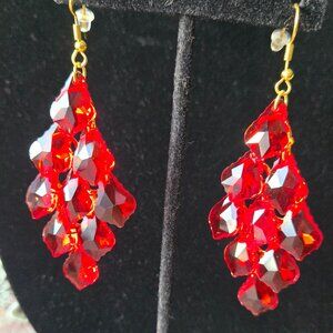 Kirks Folly Divine Crystal Chandelier French Wire Earrings Goldtone Ruby Red